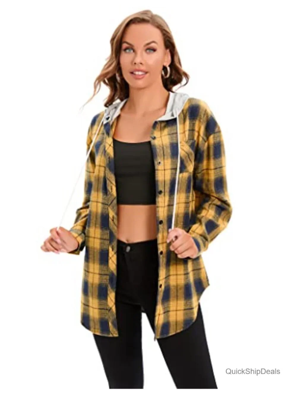 Women's Plaid Flannel Hoodie Shirt Jacket Button Down Long Sleeve Oversized